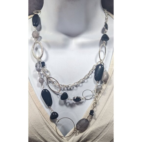 Black And Grey Beaded Layered Chain Necklace - Picture 4 of 5